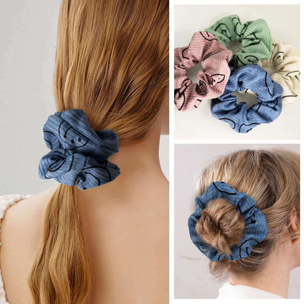 Happy Face Scrunchies, Cute Corduroy Hair Scrunchies for Women and Girls