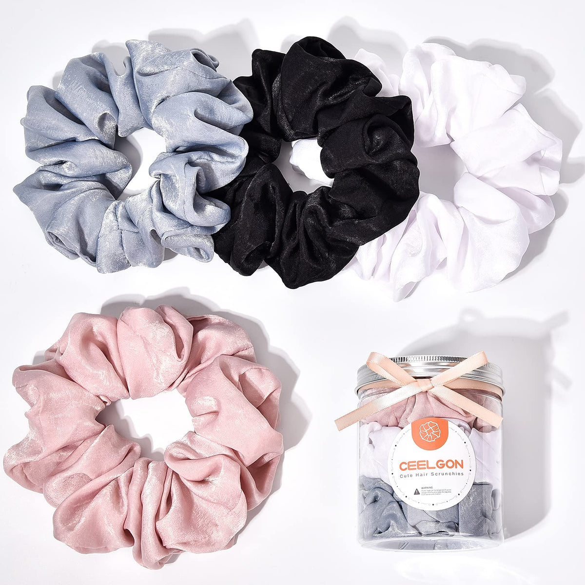 Black Big Scrunchies for Women 6.3Inches Large Scrunchie Satin Oversized Silk Thick Elastic Hair Ties Jumbo Hair Scrunchies 6 Pack (Black)