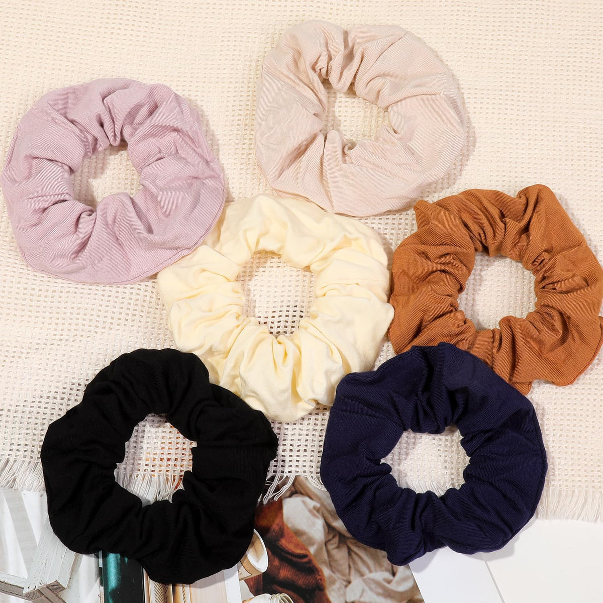 Ivyu Scrunchie, Big Cotton Scrunchies for Women's and Girls, Brown Service, 4 Count, for All Hair Types, No Crease or Damage