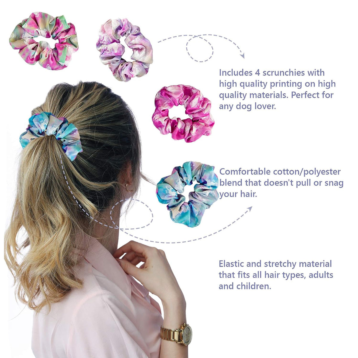 Unicorn Cotton Elastic Hair Bands and Scrunchies for Women or Girls - Hair Accessories (4 Pack)