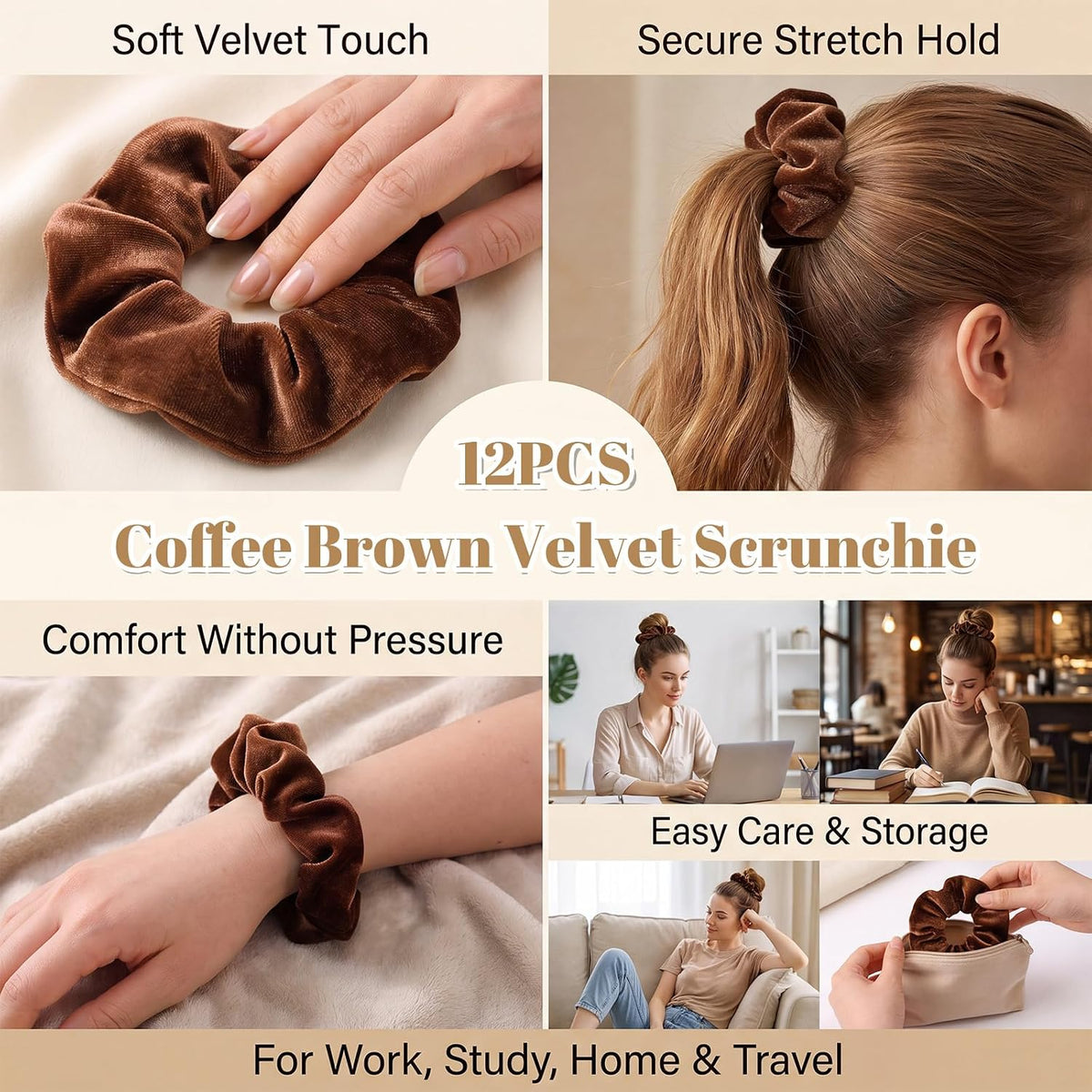 Brown Velvet Scrunchie for Thick Curly Hair, Soft Stretch Elastic