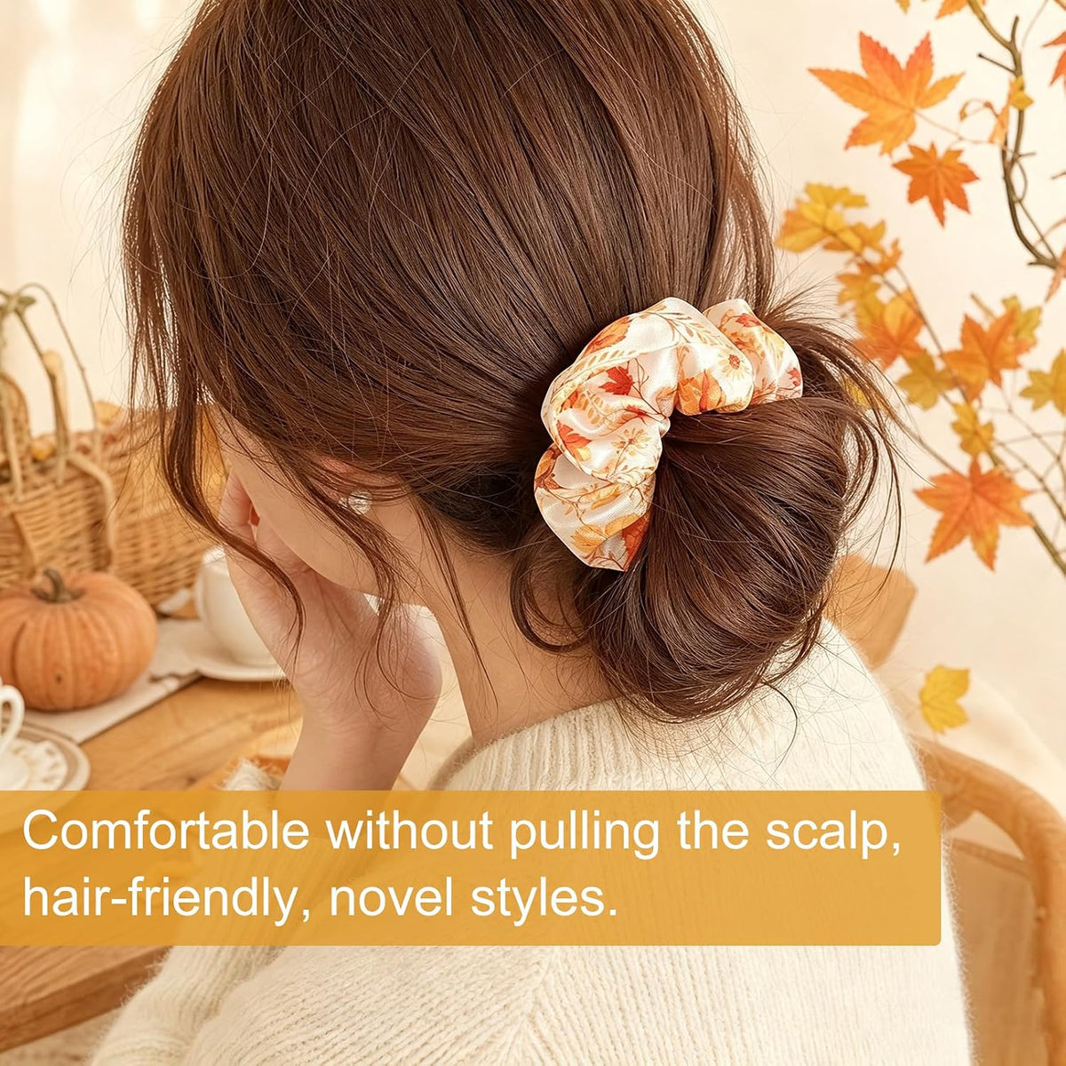 Konsait 12 PCS Fall Hair Scrunchies for Women Girls Autumn Hair Accessories Maple Leaf Pumpkin Elastic Scrunchies Fall Thanksgiving Party Favors Supplies