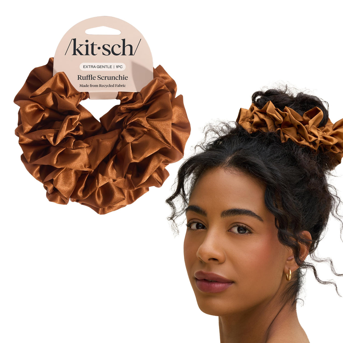 Kitsch Recycled Satin Oversized Scrunchies - Black & Chocolate, 2pcs