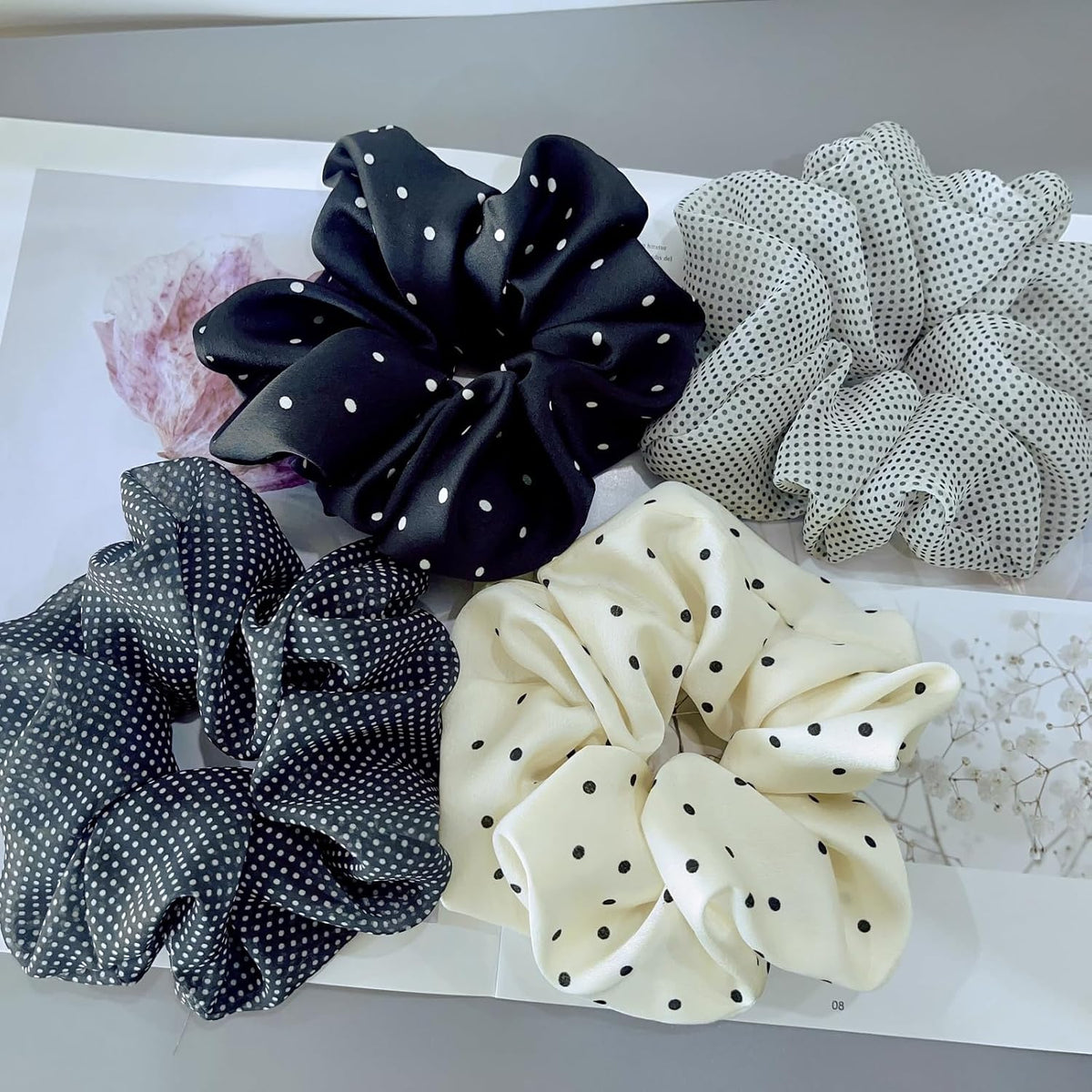 Large satin Scrunchies XL Silk Oversized Scrunchie for Thick long Hair Scrunchy Bobbles Hair Ties Jumbo for Women Girls (BW DOT)