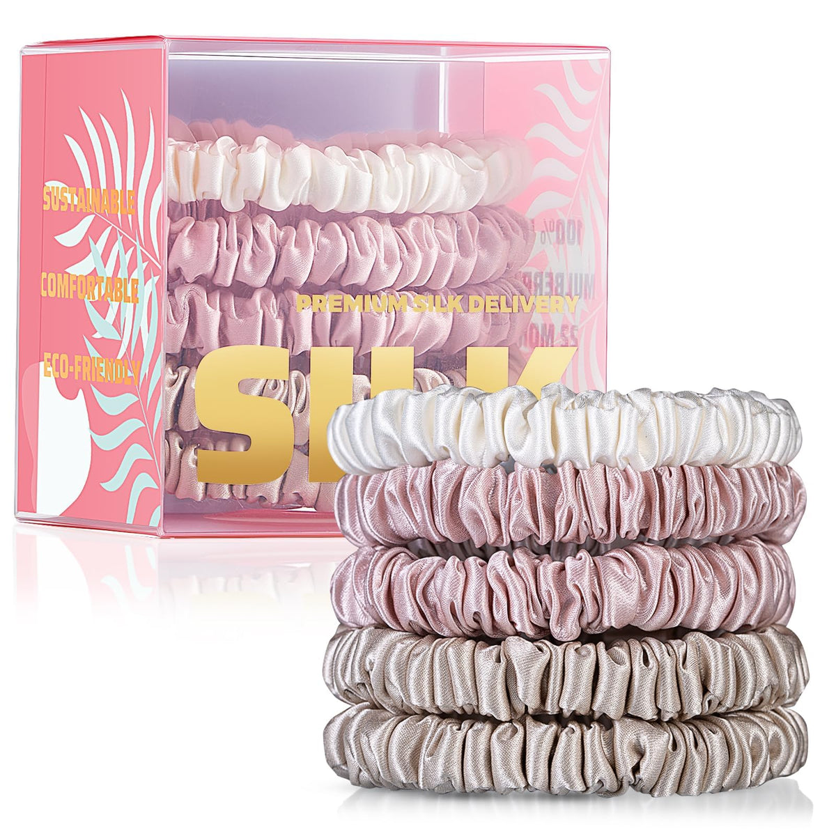 PILAVA Large Mulberry Silk Scrunchies, 3 Pack White Pink Gold | Gift Set