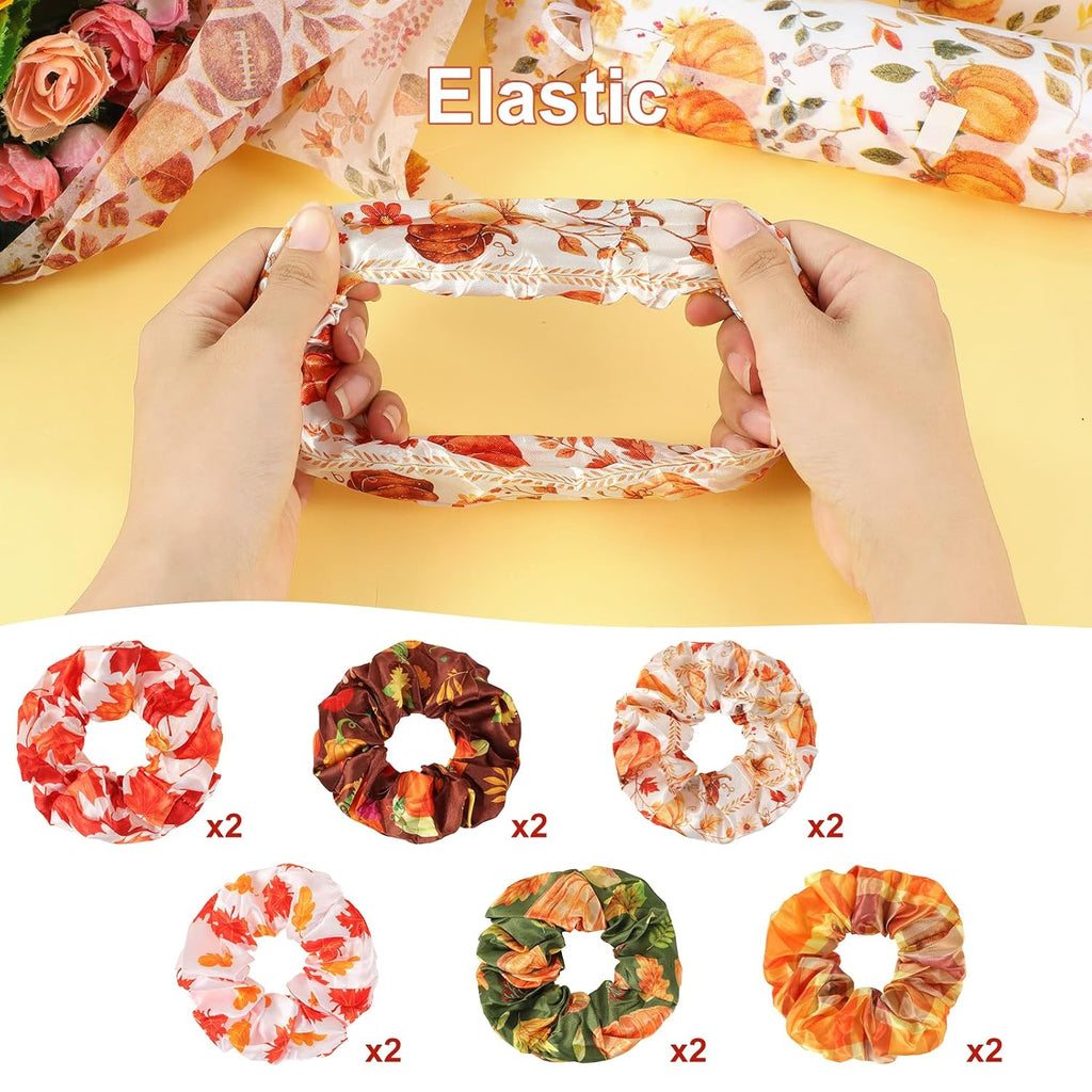 Konsait 12 PCS Fall Hair Scrunchies for Women Girls Autumn Hair Accessories Maple Leaf Pumpkin Elastic Scrunchies Fall Thanksgiving Party Favors Supplies