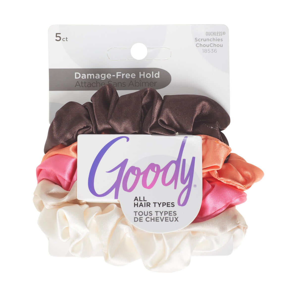 Goody Ouchless Satin Scrunchies - 5 Ct, Neutral Tones, Damage-Free Hold, Soft Overnight Hair Scrunchies to Sleep In, Gentle Hair Accessories for Women & Men, All Day Comfort, All Hair Types