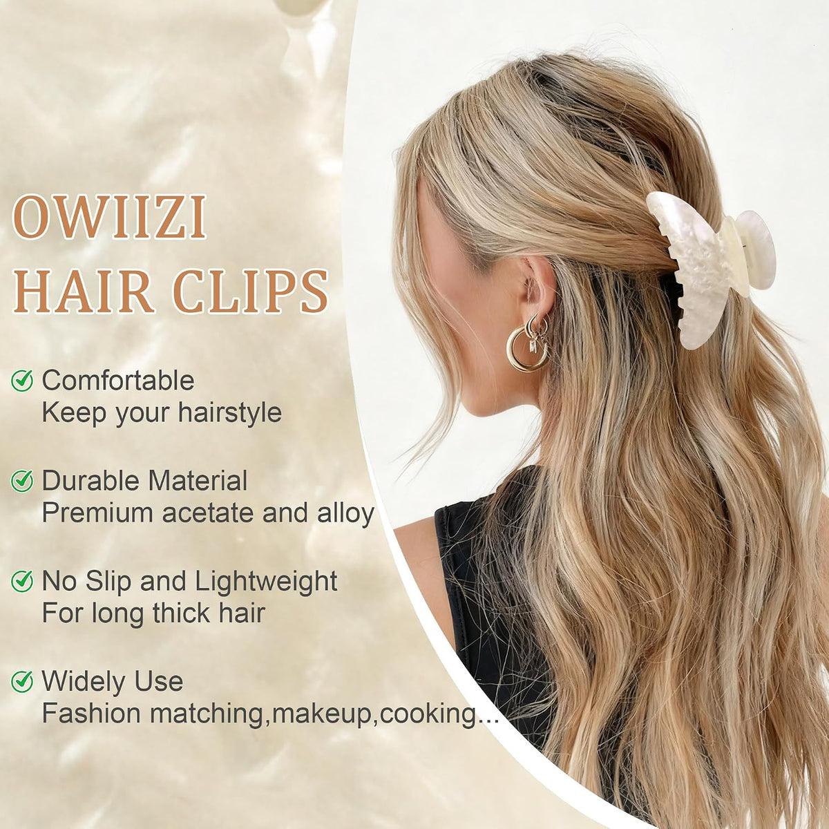 OWIIZI Durable Acetate Hair Clips for Women 4.13" Larger Claw Clips (White)