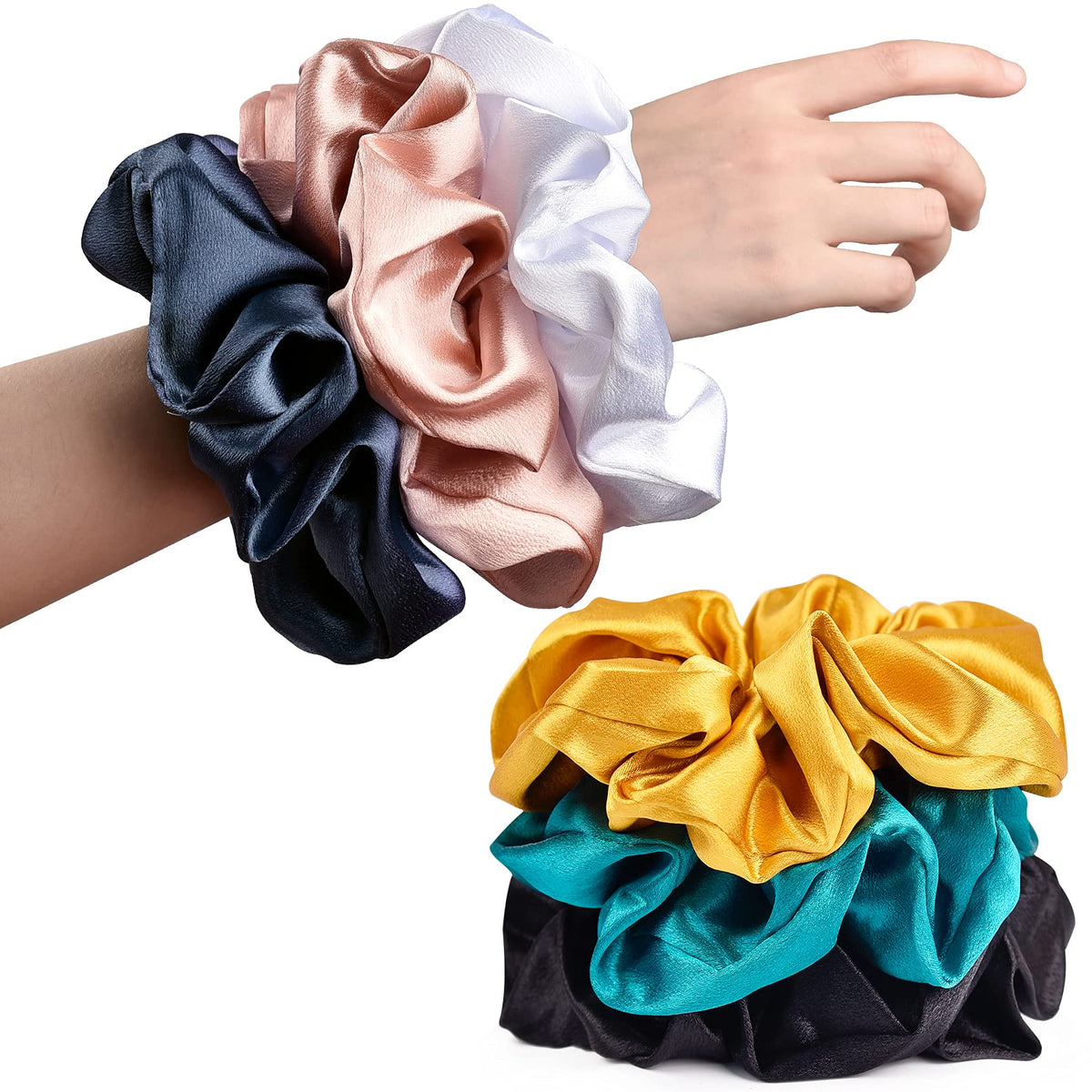 Black Big Scrunchies for Women 6.3Inches Large Scrunchie Satin Oversized Silk Thick Elastic Hair Ties Jumbo Hair Scrunchies 6 Pack (Black)