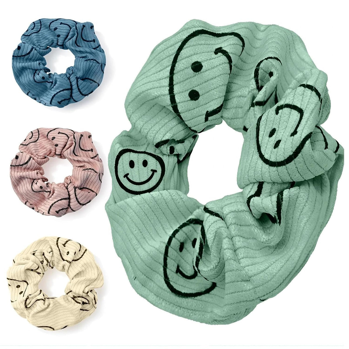 Happy Face Scrunchies, Cute Corduroy Hair Scrunchies for Women and Girls