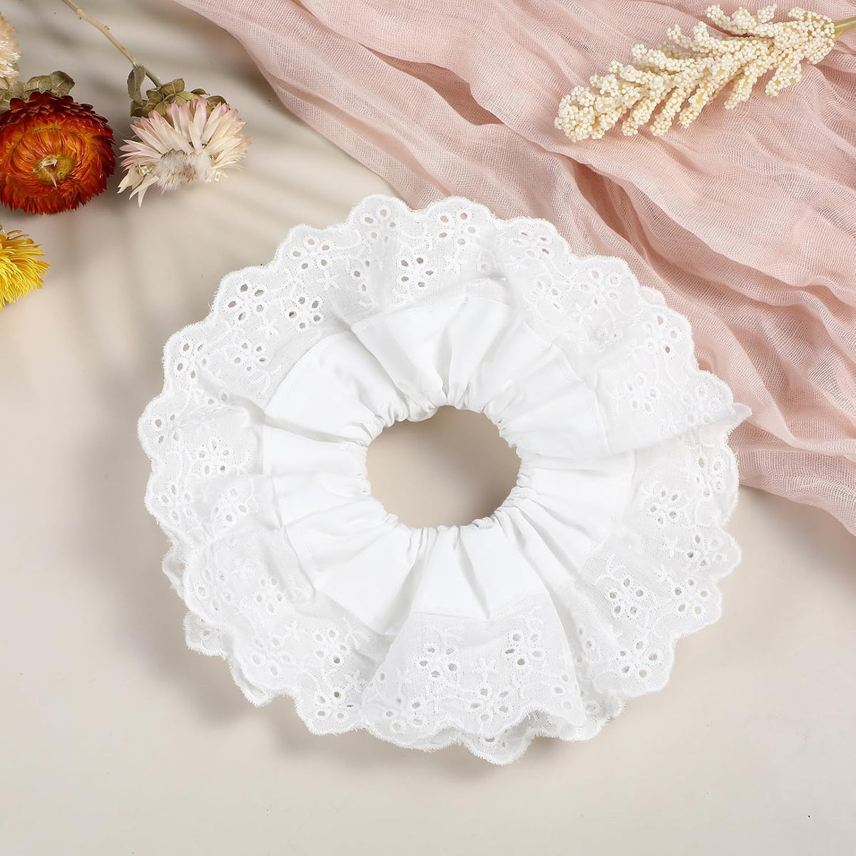 Dimeho White Scrunchies for Women Large Lace Scrunchies Elastic Hair Ties No Damage Double Layer Hair Bands (white)