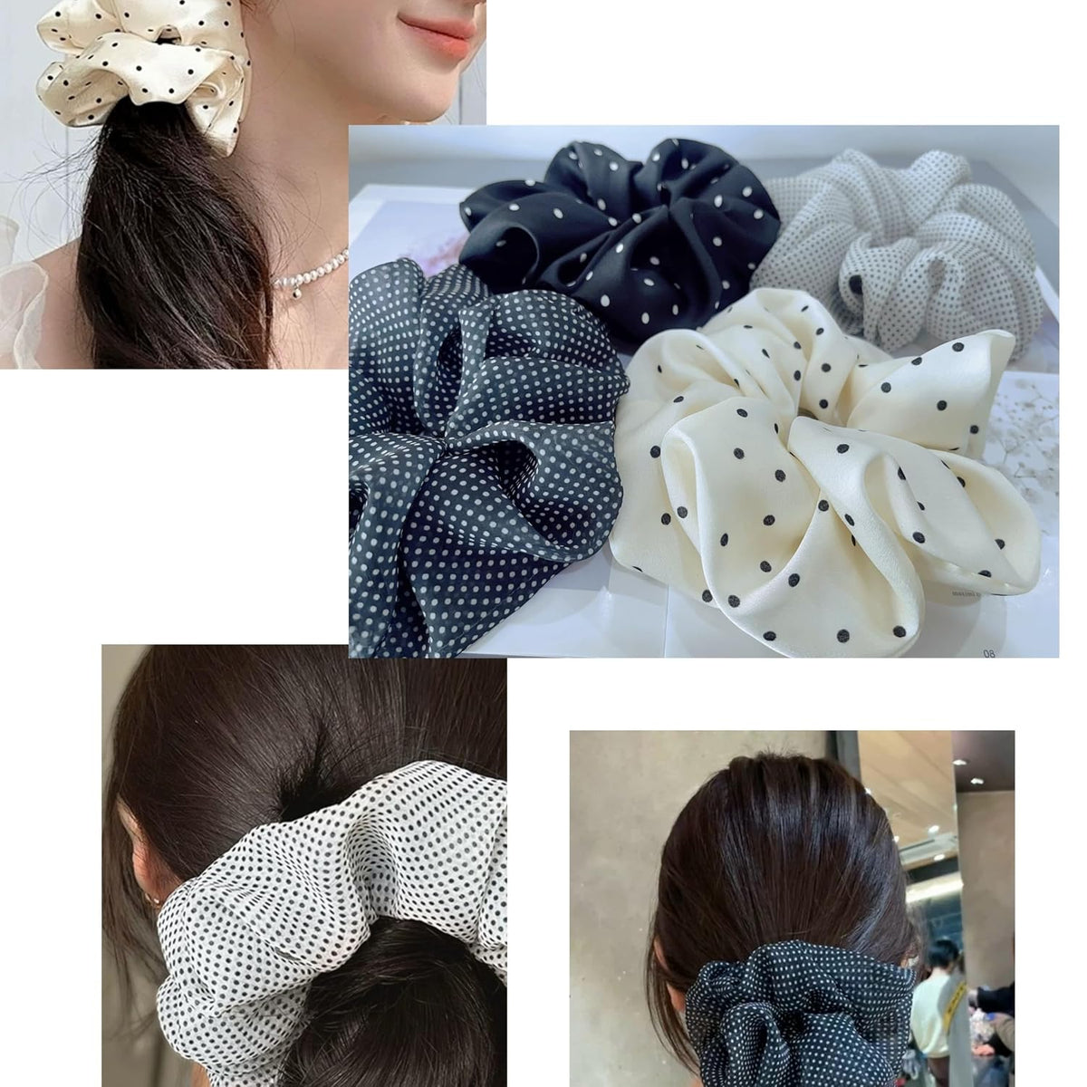 Large satin Scrunchies XL Silk Oversized Scrunchie for Thick long Hair Scrunchy Bobbles Hair Ties Jumbo for Women Girls (BW DOT)