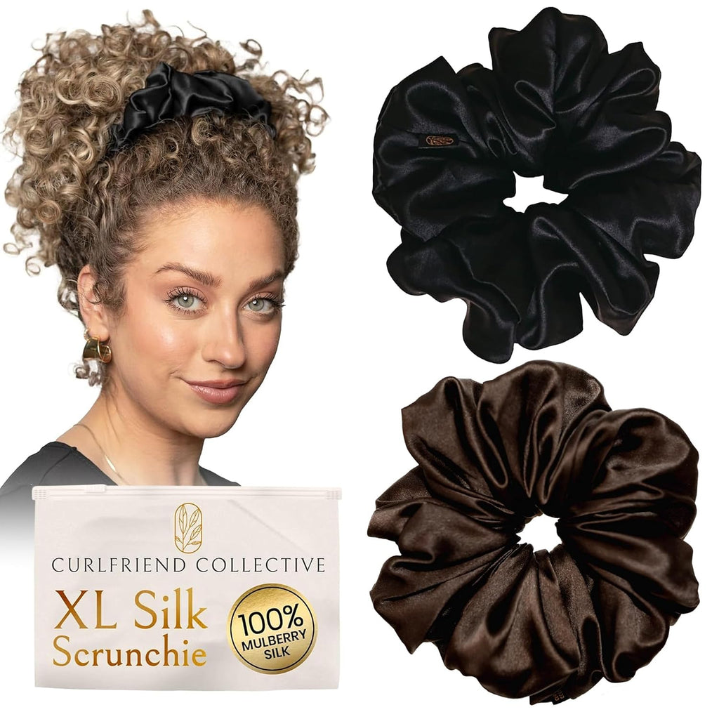 Oversized Mulberry Silk Scrunchies for Women – XL No-Damage Hair Ties for Curly, Thick & Thin Hair – Premium Hair Accessories – Black & Espresso Bundle – Ponytail Holders by Curlfriend