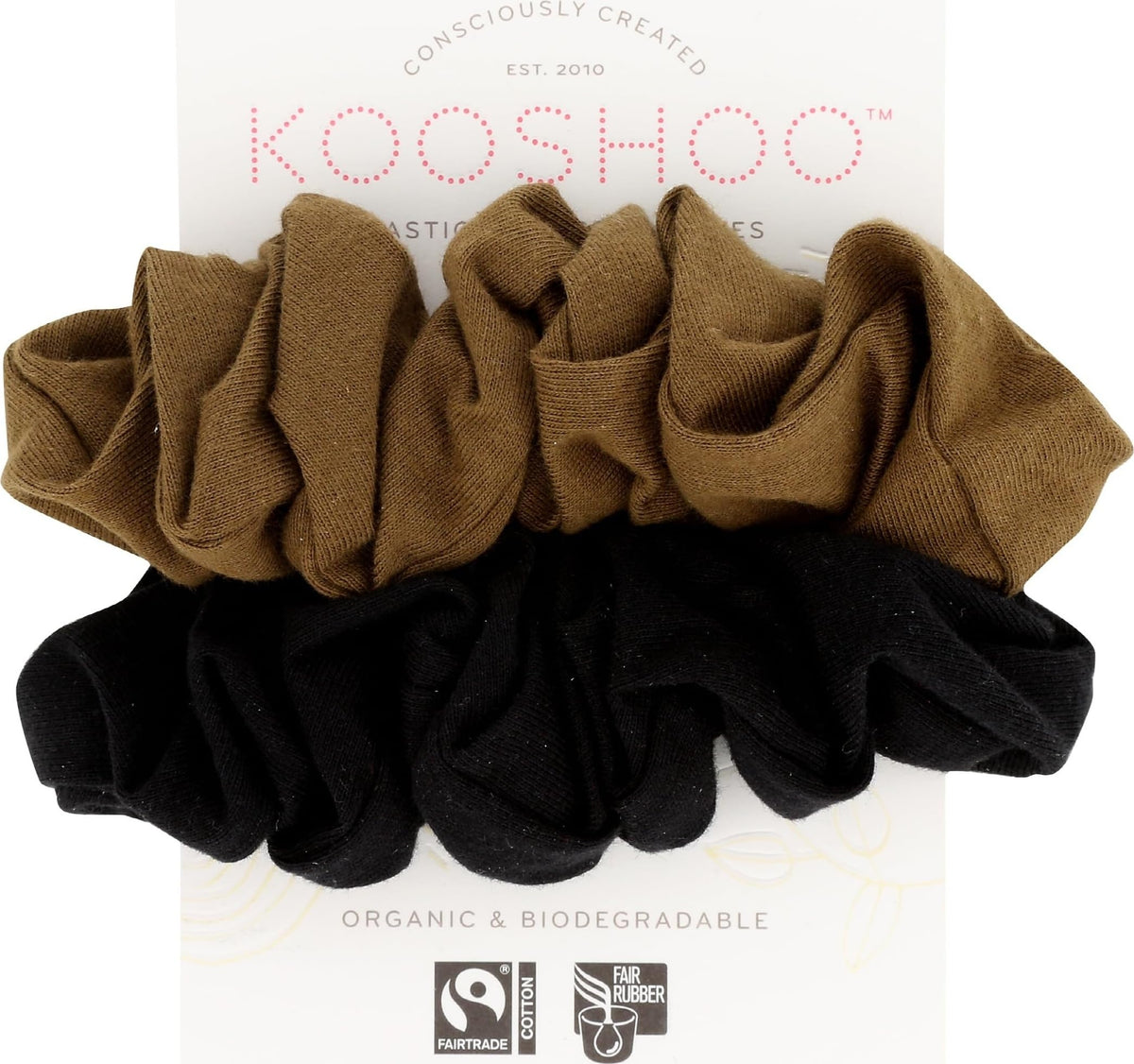 KOOSHOO Scrunchies - Organic Cotton Scrunchie Set Made from Plants - Washable, Durable, No-Damage Accessories for All Hair Types - Fair Trade, Ethically Made, Vegan - 2ct - Macchiato Brown