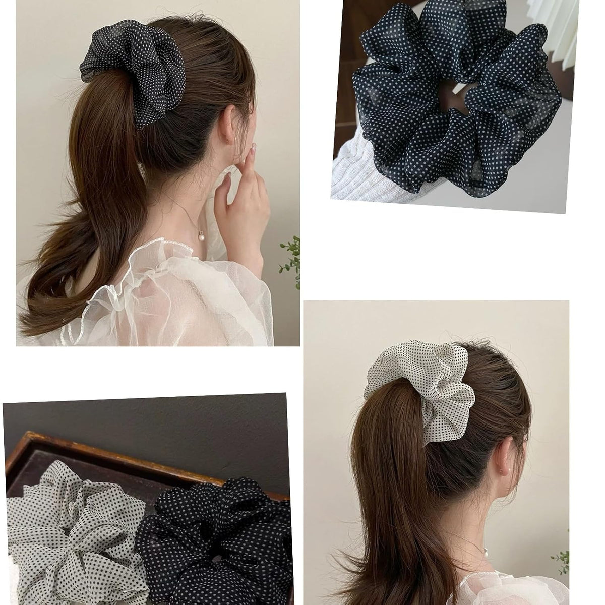 Large satin Scrunchies XL Silk Oversized Scrunchie for Thick long Hair Scrunchy Bobbles Hair Ties Jumbo for Women Girls (BW DOT)