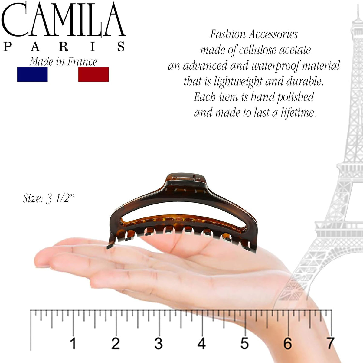Camila Paris CP2370 French Hair Clips for Women, 3.5" Medium Claw Clip Strong Hold All Day, Girl Large Claw Clips for Thick Hair, No Damage No Slip Flat Clip for Women. Made in France