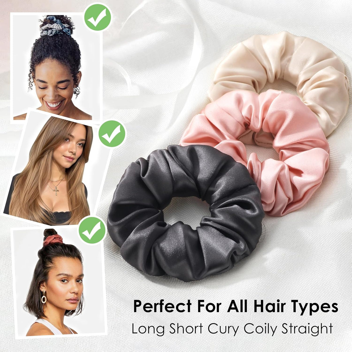 Michooyel 100% Mulberry Silk Scrunchies Hair Ties Elastic Band Scrunchy For Women Girls Curly Hair, No Damage, Ponytail Holder, 3 Pack, 4 cm