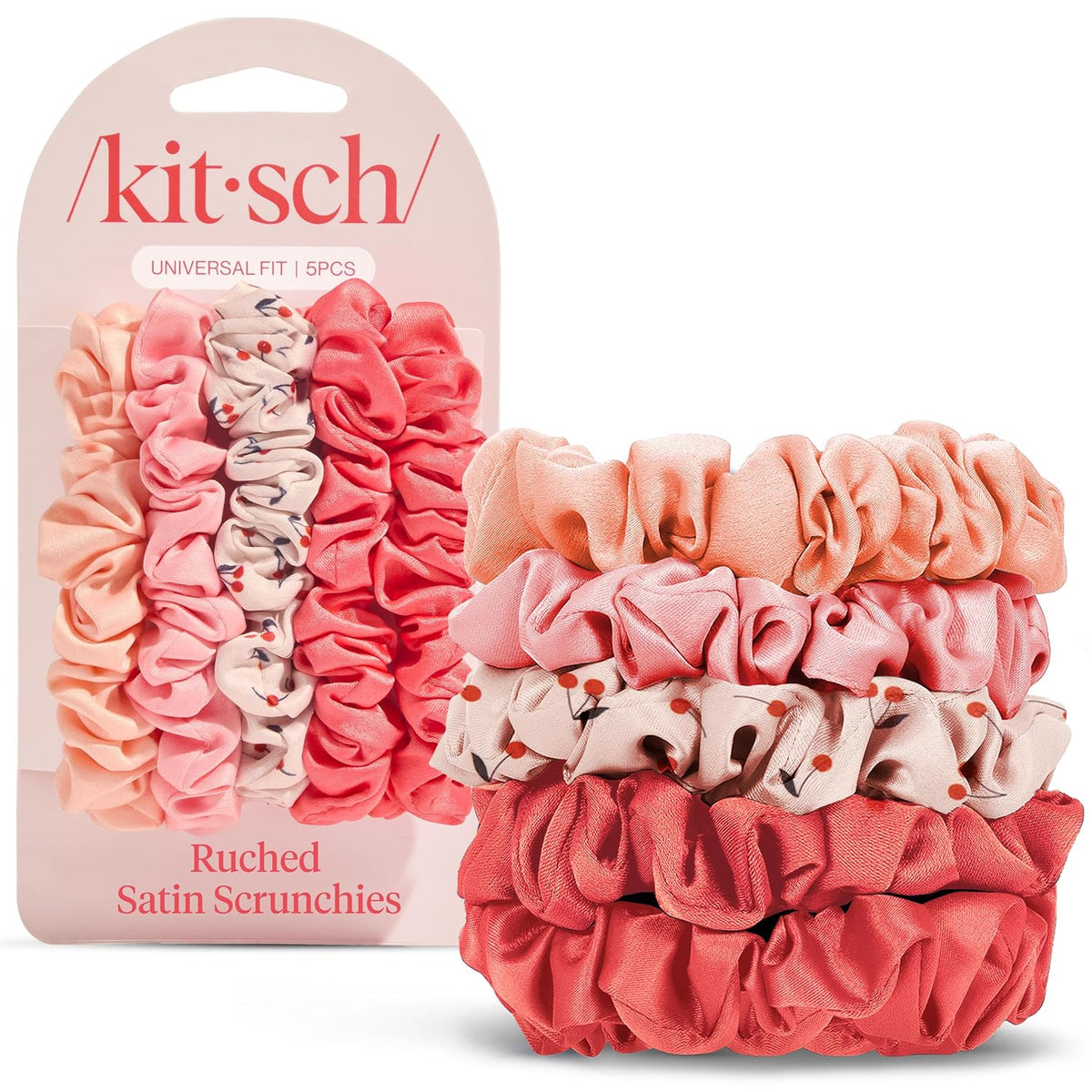 Kitsch Ultra-Petite Satin Scrunchies for Women - Cherry Blossom, 5pcs