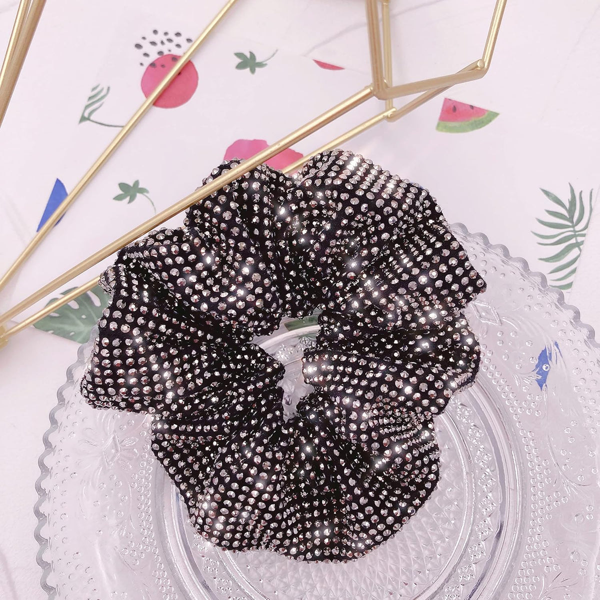 Embellished Sparkly Black Crystal Scrunchie Hair Tie Ponytail Holder Accessory for Women