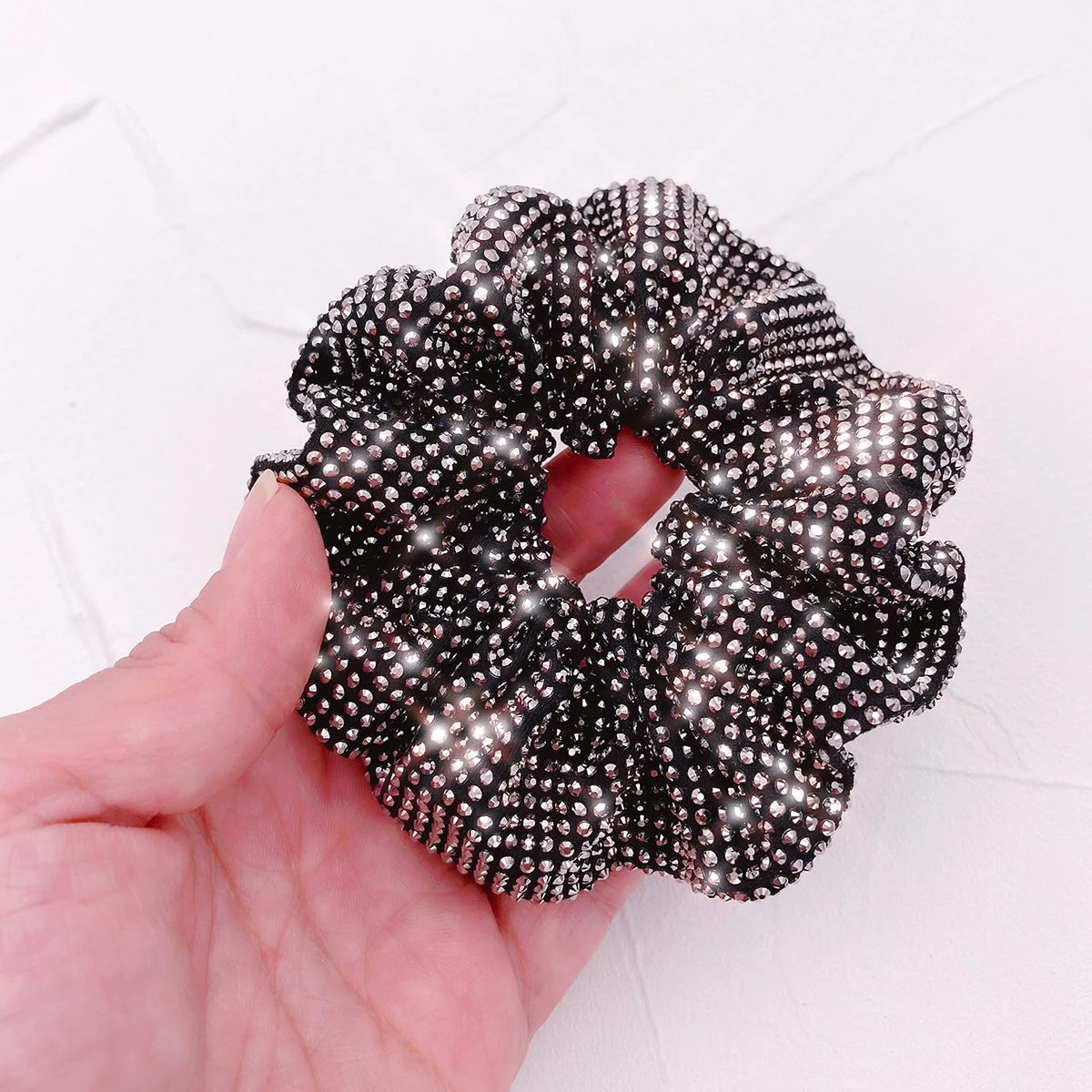 Embellished Sparkly Black Crystal Scrunchie Hair Tie Ponytail Holder Accessory for Women