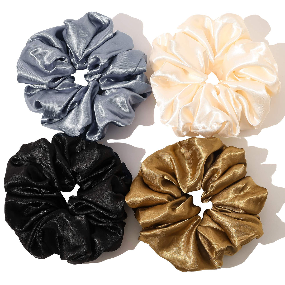 Ivyu Scrunchies Hair Ties, Big Large Scrunchie for Girls Women, Cute Hairties Jumbo Scrunchy For Thick Curl Hair No Crease Hair Accessories Soft Ropes Ponytail Holder, 4 Count, Black, Brown, Beige