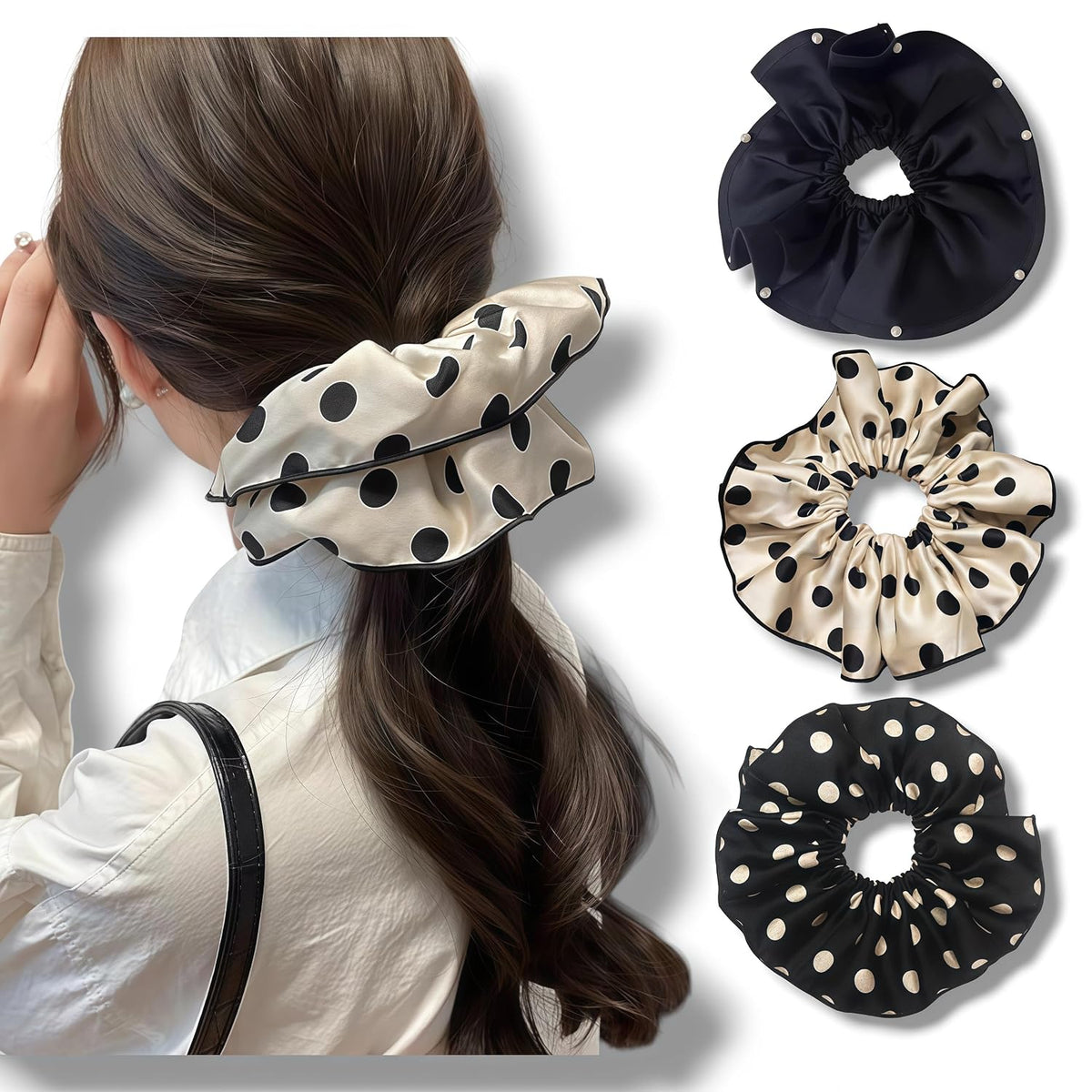 3 PCS 7.9 Inches Oversized Satin Scrunchies with Pearl and Polka Dot, Jumbo Large Hair Ties & Ponytail Holders for Women and Girls, Vintage Chic Extra Large Hair Accessories